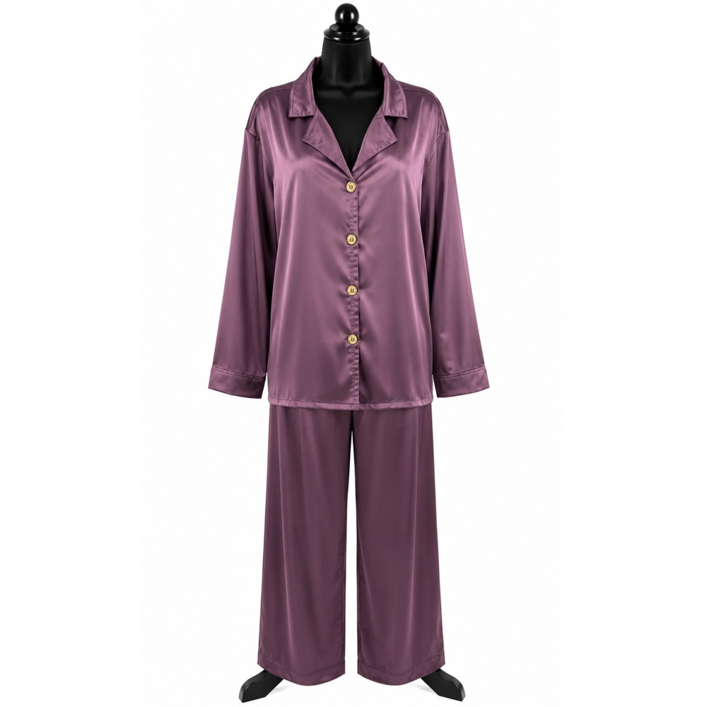 Brigi USA Womens Long Sleeve Pajama‎ Top Pant Set Size Large Purple Satin